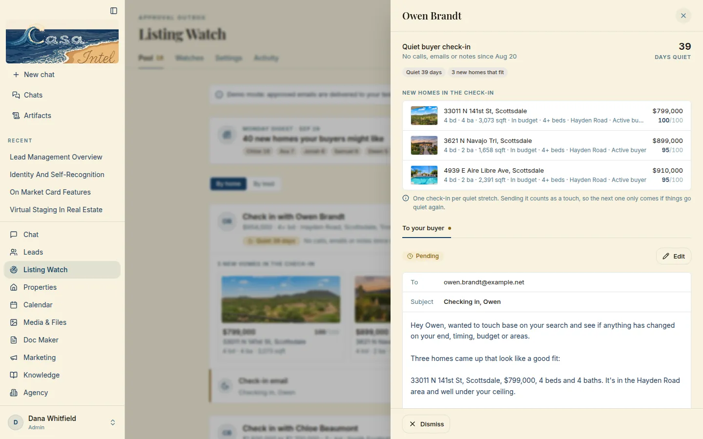 Quiet-buyer check-in drawer: days quiet, the homes that fit and the drafted check-in email (pending, not sent)