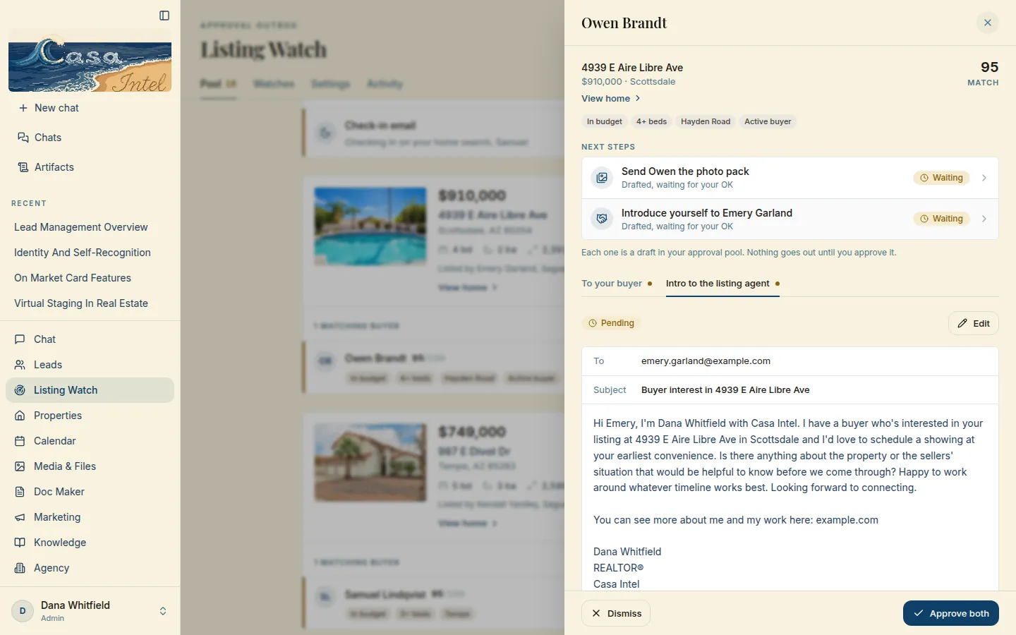The drafted intro email to the listing agent (fictional agent, example.com address), pending approval