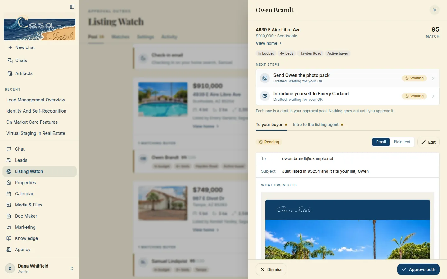 One match open: 95 match, why it fits, next steps (photo pack + intro to the listing agent), both drafts waiting for OK