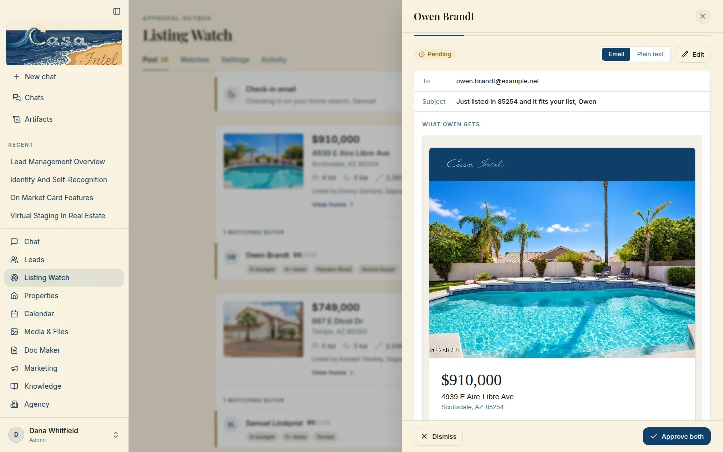 The drafted photo-pack email to the buyer, branded Casa Intel, scrolled to the listing photo and price