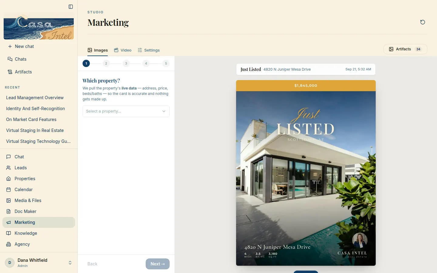 The Marketing studio on a computer: a finished Just Listed card for 4820 N Juniper Mesa Drive, $1,845,000, 4 beds, 3.5 baths, 3,180 square feet