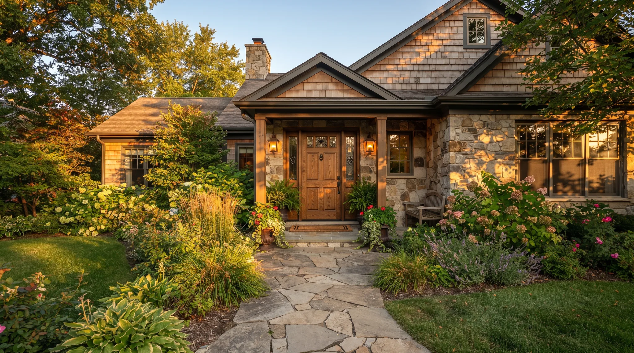 Front door and entry path of a family home